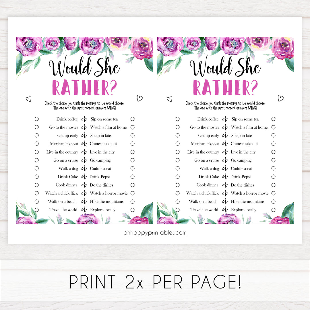 baby shower would she rather game, printable baby shower games, baby would she rather, fun baby shower games