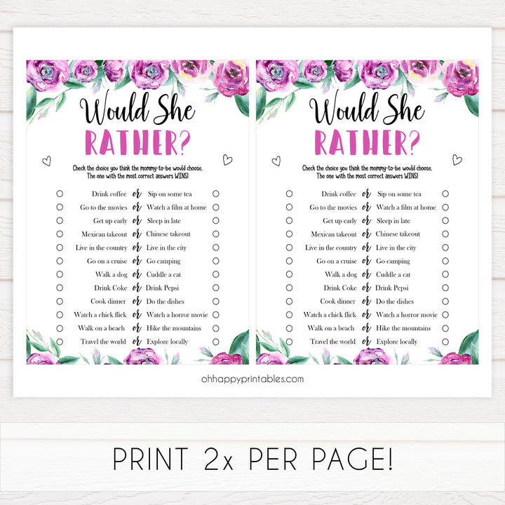 baby shower would she rather game, printable baby shower games, baby would she rather, fun baby shower games