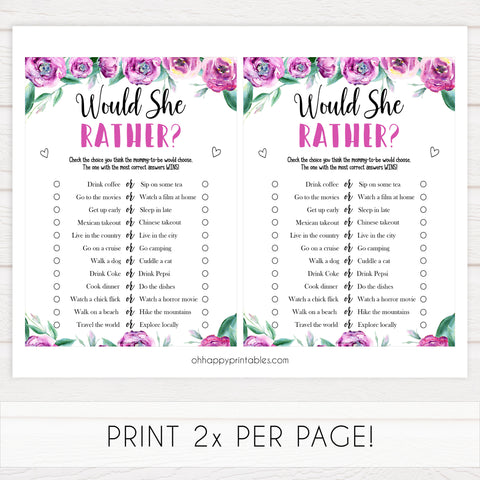 baby shower would she rather game, printable baby shower games, baby would she rather, fun baby shower games