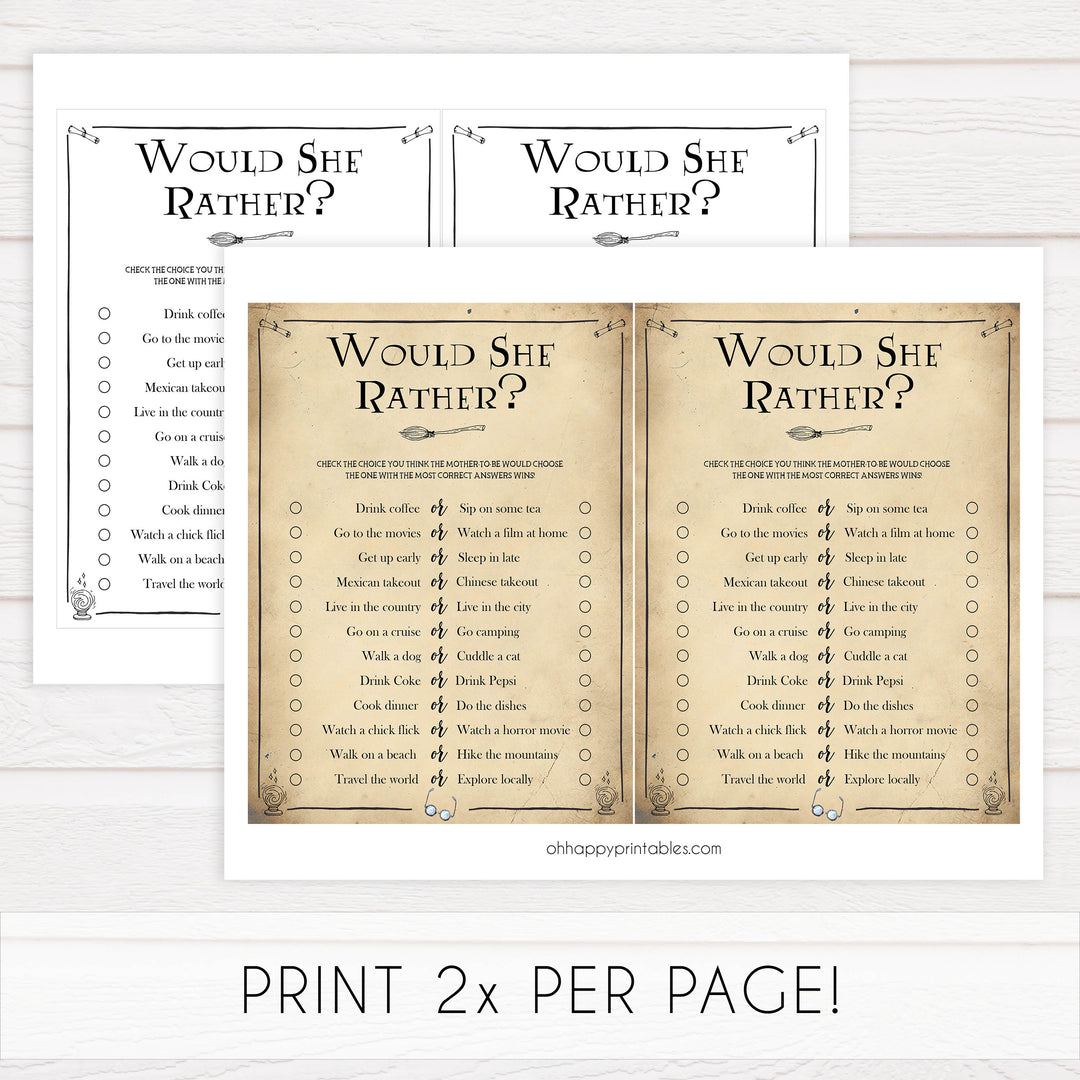 Would She Rather Baby Games, Wizard baby shower games, printable baby shower games, Harry Potter baby games, Harry Potter baby shower, fun baby shower games,  fun baby ideas