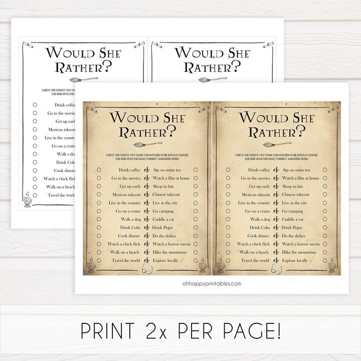 Would She Rather Baby Games, Wizard baby shower games, printable baby shower games, Harry Potter baby games, Harry Potter baby shower, fun baby shower games,  fun baby ideas