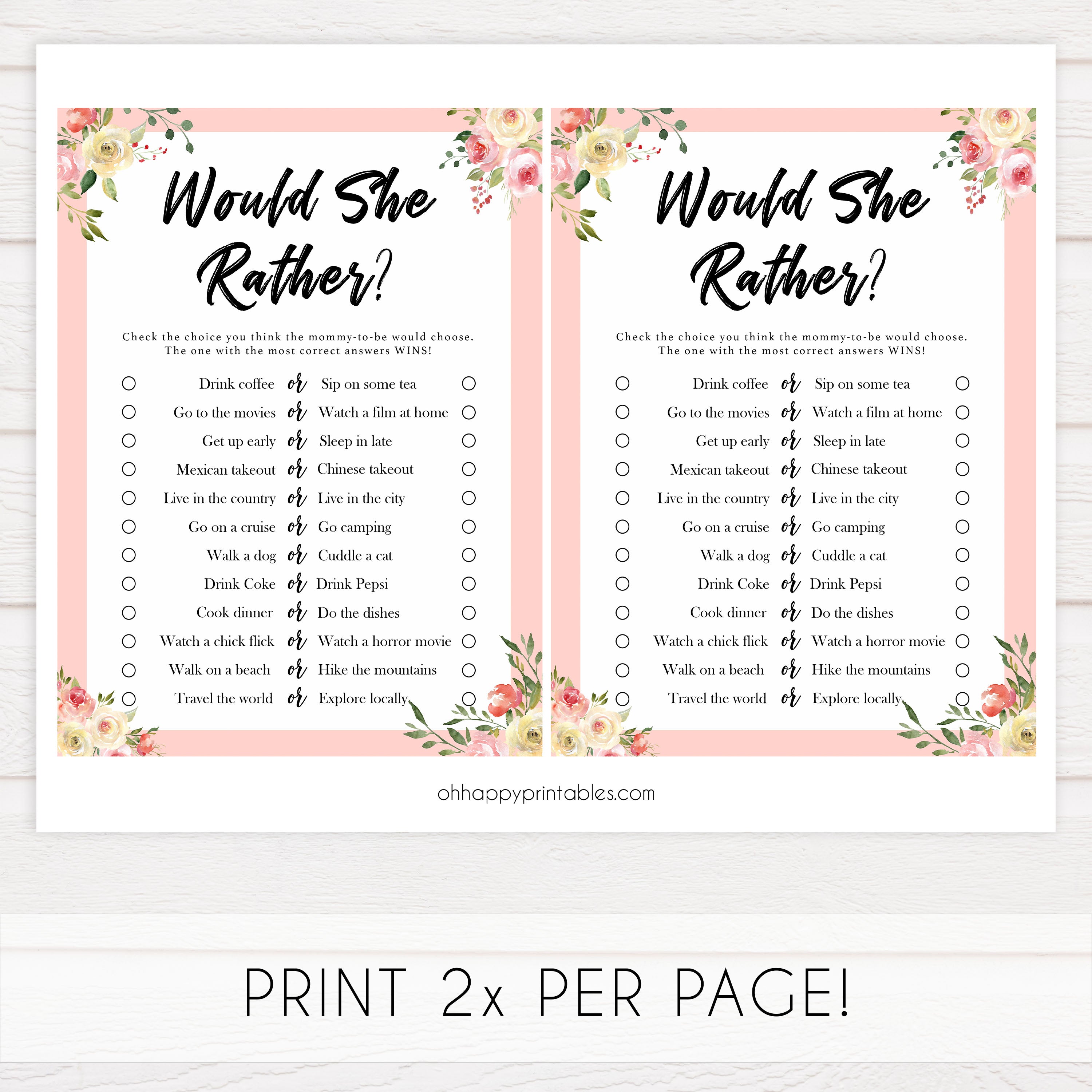 would she rather, baby would she rather, Printable baby shower games, floral fun baby games, baby shower games, fun baby shower ideas, top baby shower ideas, floral baby shower, blue baby shower ideas