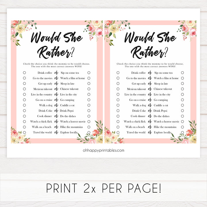 would she rather, baby would she rather, Printable baby shower games, floral fun baby games, baby shower games, fun baby shower ideas, top baby shower ideas, floral baby shower, blue baby shower ideas