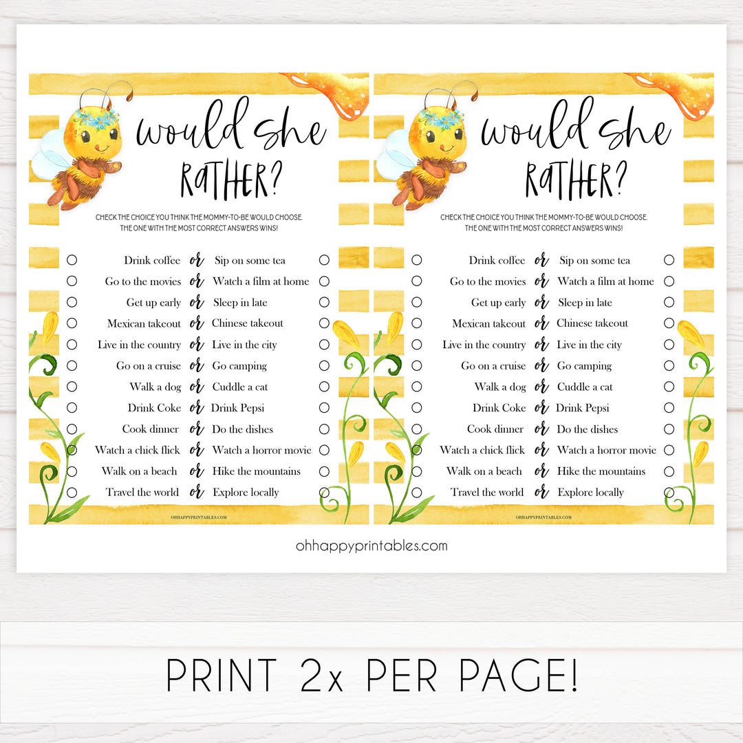 would she rather baby game, would she rather, Printable baby shower games, mommy bee fun baby games, baby shower games, fun baby shower ideas, top baby shower ideas, mommy to bee baby shower, friends baby shower ideas