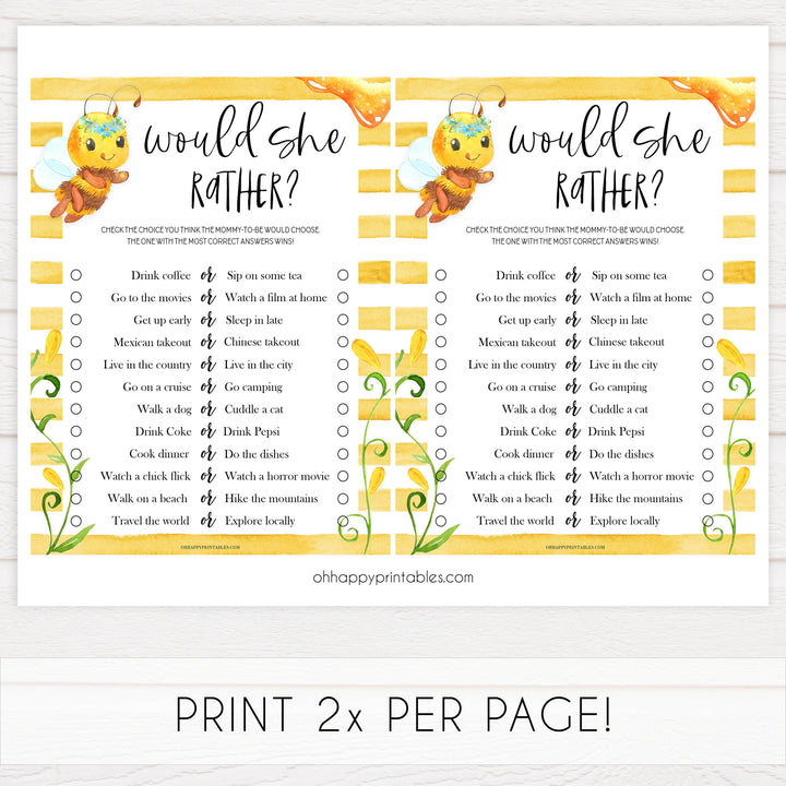 would she rather baby game, would she rather, Printable baby shower games, mommy bee fun baby games, baby shower games, fun baby shower ideas, top baby shower ideas, mommy to bee baby shower, friends baby shower ideas