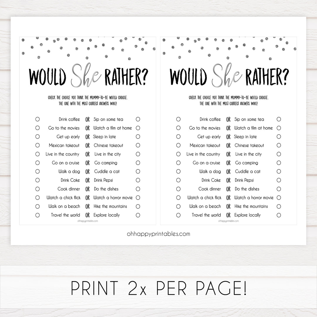 baby would she rather, would she rather game, Printable baby shower games, baby silver glitter fun baby games, baby shower games, fun baby shower ideas, top baby shower ideas, silver glitter shower baby shower, friends baby shower ideas