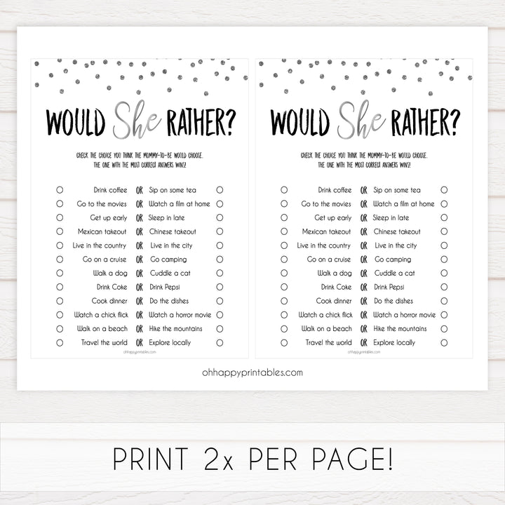 baby would she rather, would she rather game, Printable baby shower games, baby silver glitter fun baby games, baby shower games, fun baby shower ideas, top baby shower ideas, silver glitter shower baby shower, friends baby shower ideas