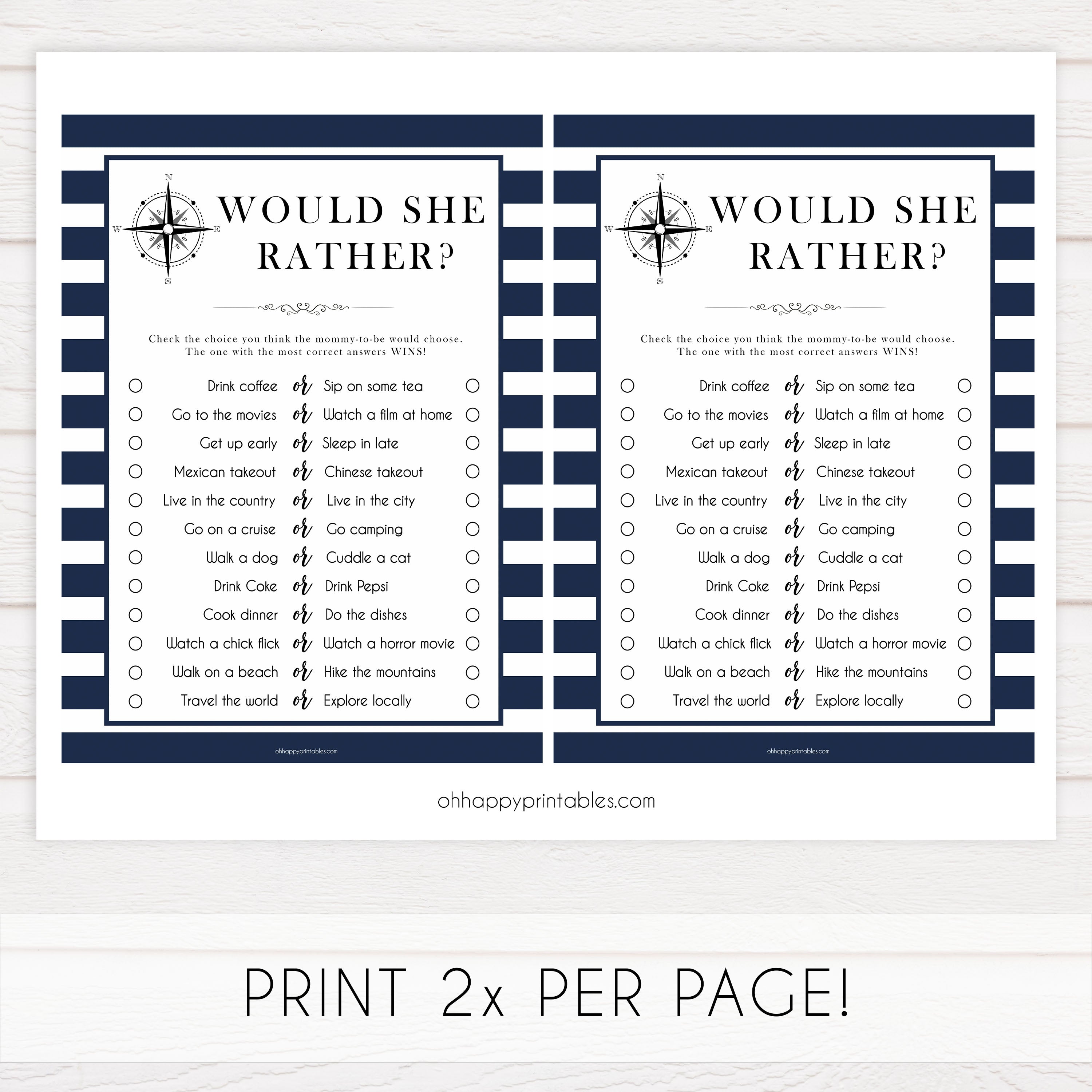 Would She Rather game, would she rather printable, Printable baby shower games, nautical baby shower games, nautical baby games, fun baby shower games, top baby shower ideas