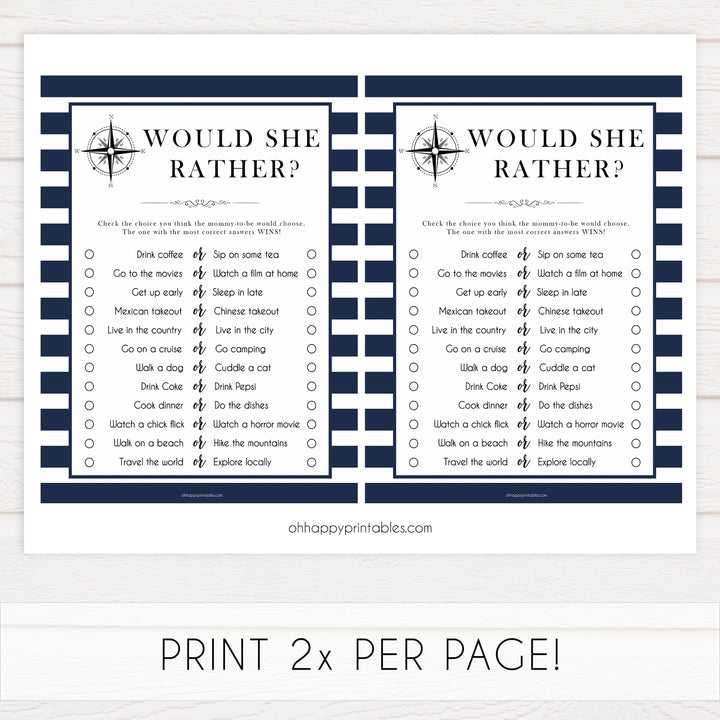 Would She Rather game, would she rather printable, Printable baby shower games, nautical baby shower games, nautical baby games, fun baby shower games, top baby shower ideas