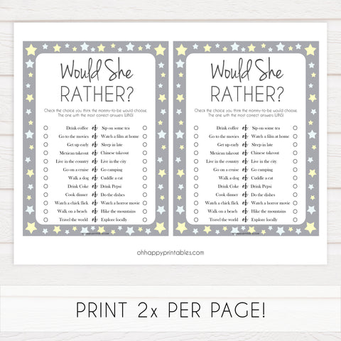 grey & yellow stars, would she rather, printable baby shower games, fun baby games, top baby shower games, star baby games, little star baby shower