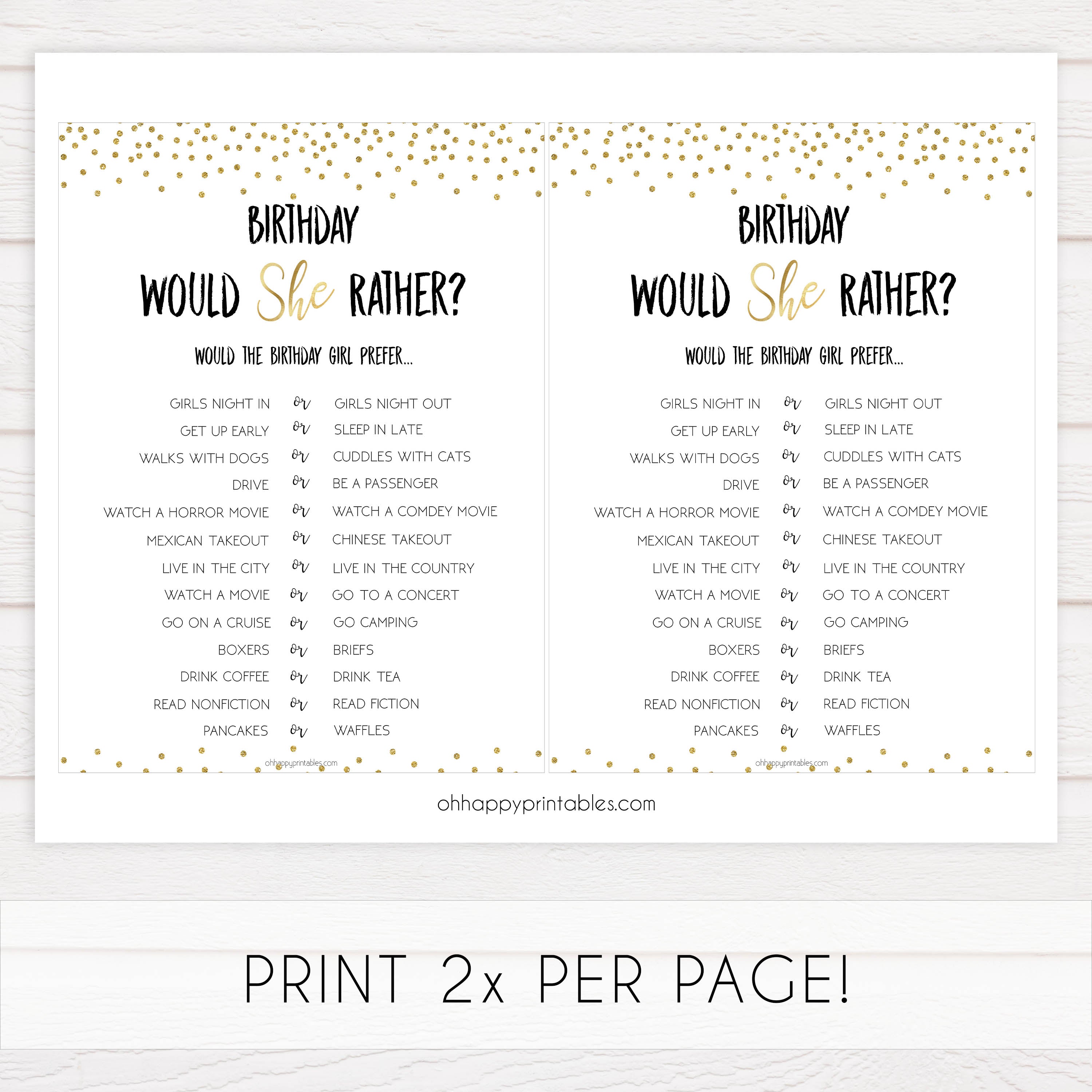 birthday would she rather, gold glitter birthday games, printable birthday games, fun birthday games, 30th birthday games, would she rather game