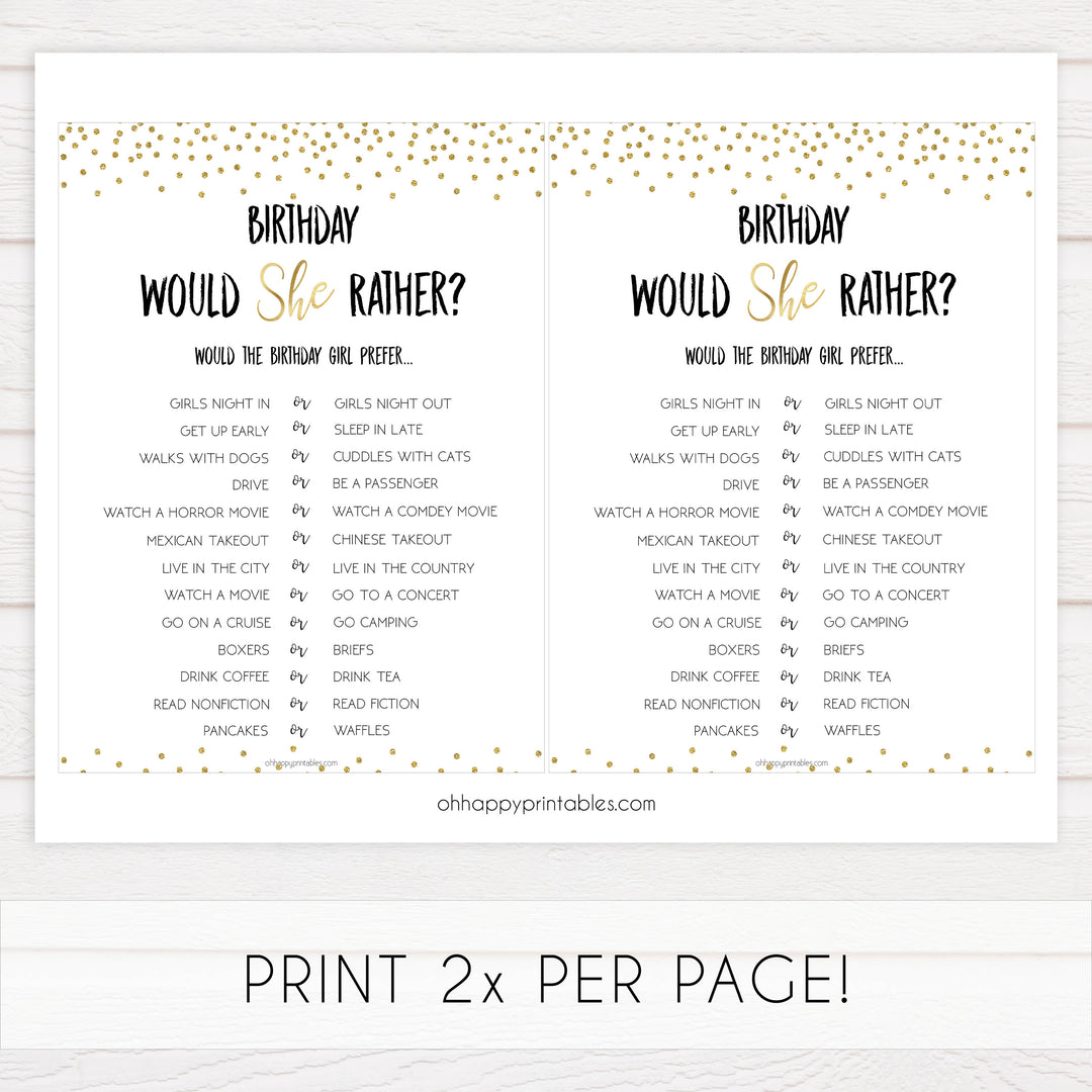 birthday would she rather, gold glitter birthday games, printable birthday games, fun birthday games, 30th birthday games, would she rather game