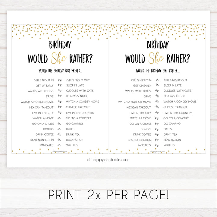 birthday would she rather, gold glitter birthday games, printable birthday games, fun birthday games, 30th birthday games, would she rather game