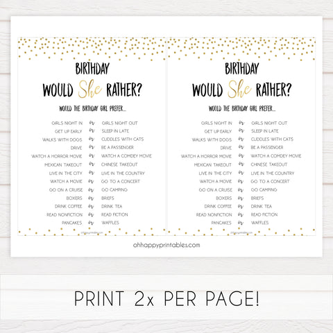 birthday would she rather, gold glitter birthday games, printable birthday games, fun birthday games, 30th birthday games, would she rather game