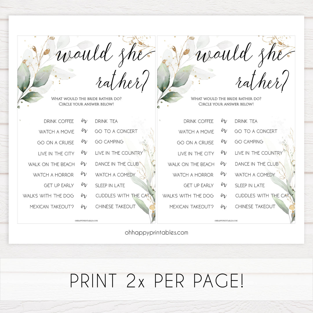 bridal would she rather game, Printable bridal shower games, greenery bridal shower, gold leaf bridal shower games, fun bridal shower games, bridal shower game ideas, greenery bridal shower