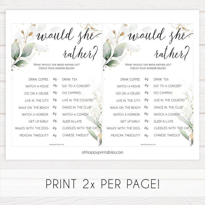 bridal would she rather game, Printable bridal shower games, greenery bridal shower, gold leaf bridal shower games, fun bridal shower games, bridal shower game ideas, greenery bridal shower