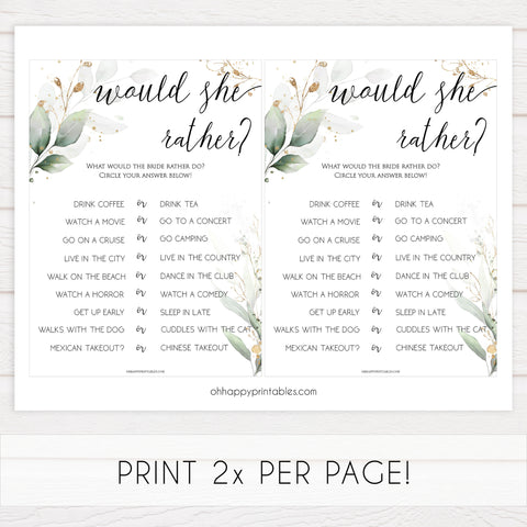 bridal would she rather game, Printable bridal shower games, greenery bridal shower, gold leaf bridal shower games, fun bridal shower games, bridal shower game ideas, greenery bridal shower