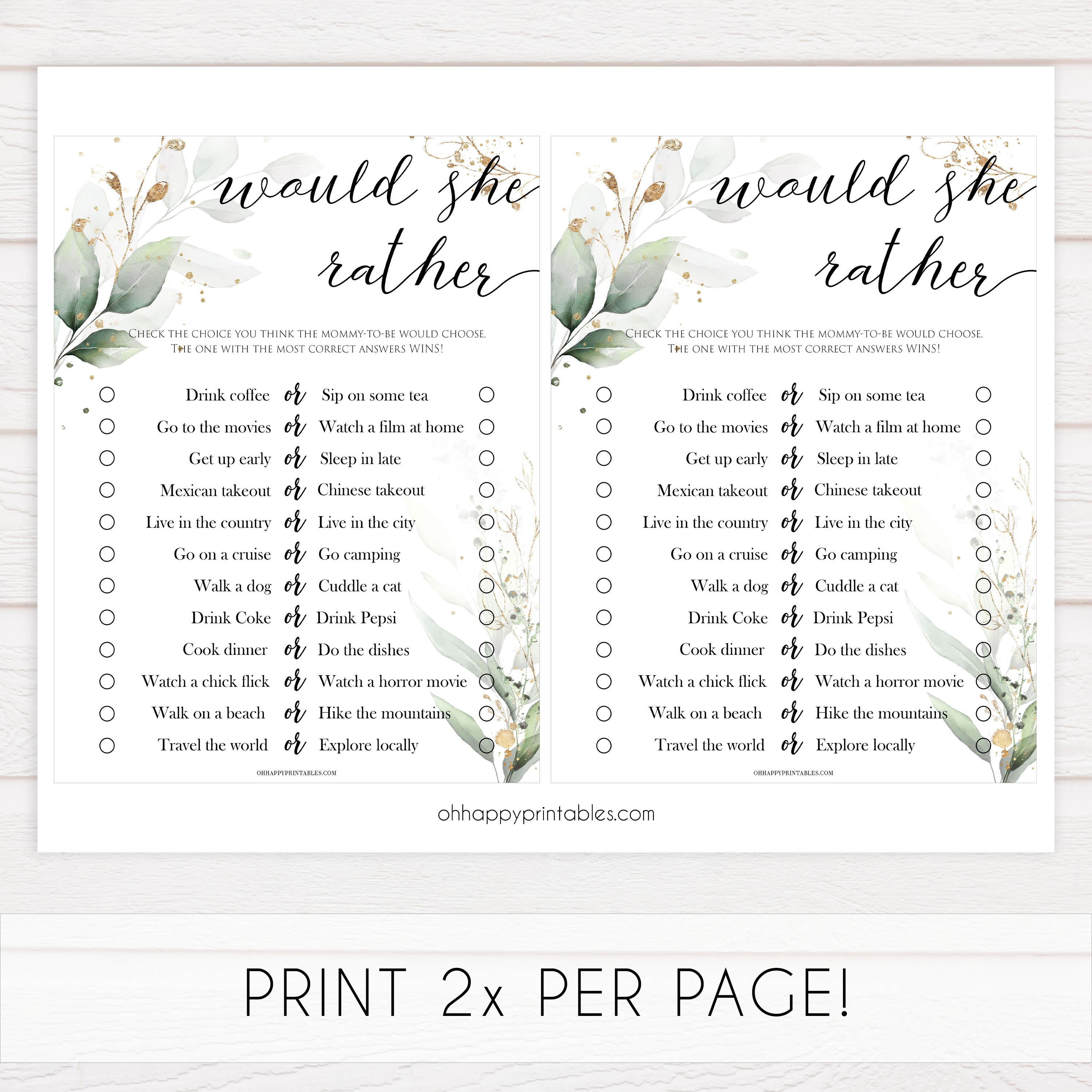 Gold green leaf baby games, would she rather baby games, printable baby games, fun baby games, top baby games to play, gold leaf baby shower, greenery baby shower ideas