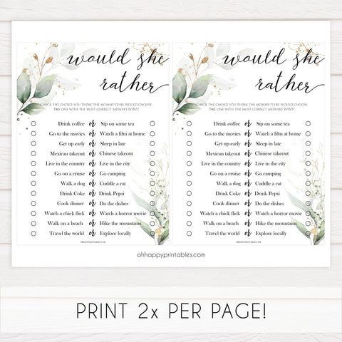 Gold green leaf baby games, would she rather baby games, printable baby games, fun baby games, top baby games to play, gold leaf baby shower, greenery baby shower ideas