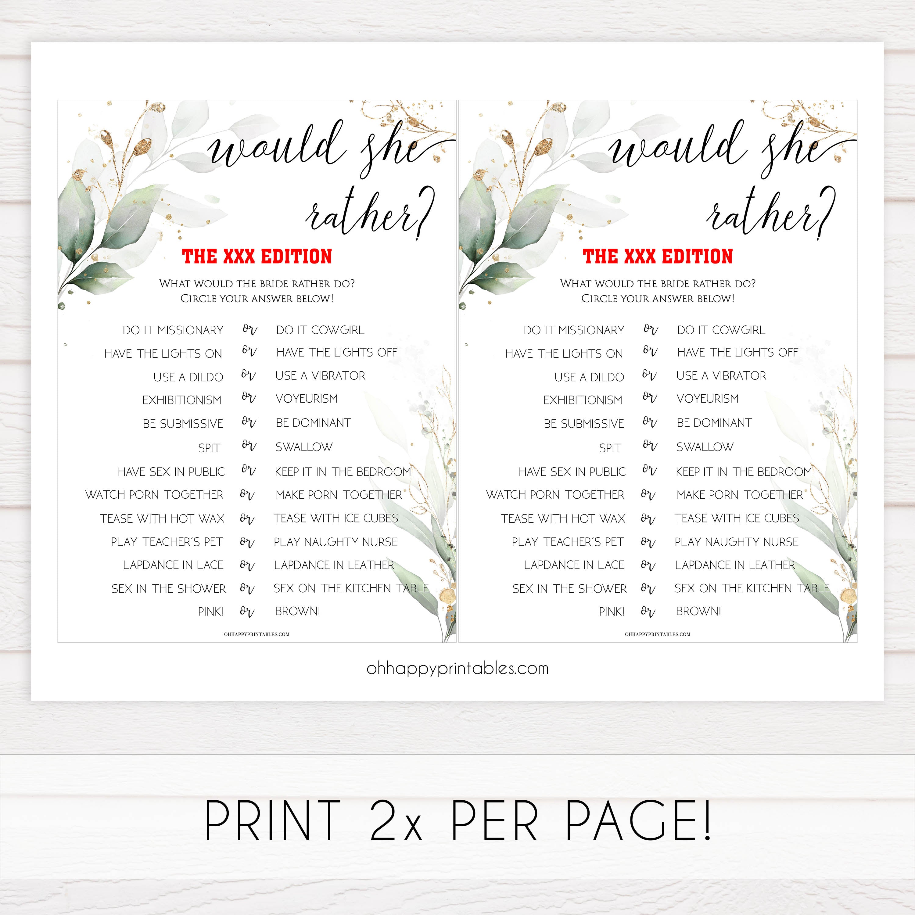 naughty would she rather game, Printable bachelorette games, greenery bachelorette, gold leaf hen party games, fun hen party games, bachelorette game ideas, greenery adult party games, naughty hen games, naughty bachelorette games