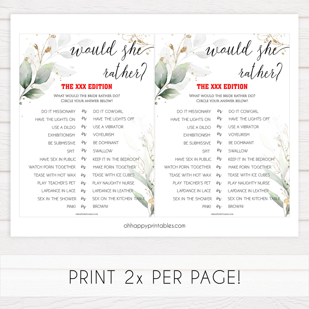 naughty would she rather game, Printable bachelorette games, greenery bachelorette, gold leaf hen party games, fun hen party games, bachelorette game ideas, greenery adult party games, naughty hen games, naughty bachelorette games