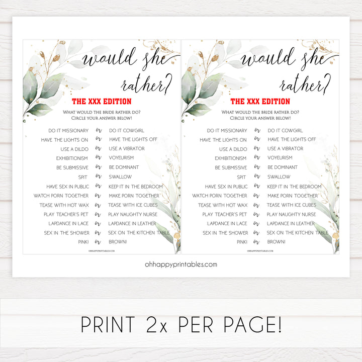 naughty would she rather game, Printable bachelorette games, greenery bachelorette, gold leaf hen party games, fun hen party games, bachelorette game ideas, greenery adult party games, naughty hen games, naughty bachelorette games