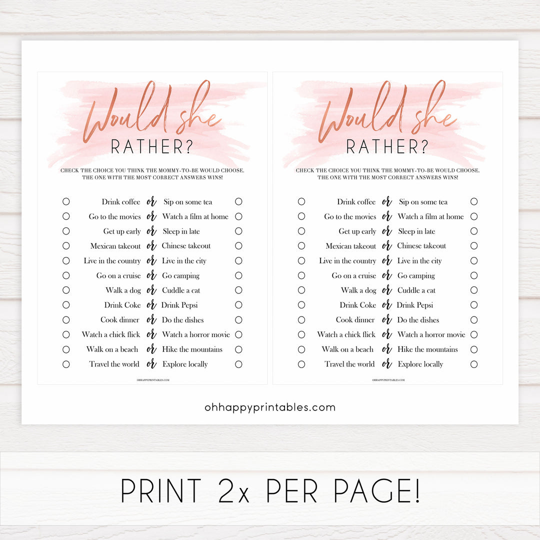 Pink swash baby games, would she rather game, printable baby games, fun baby games, pink baby shower, top baby games, fun baby games, its a girl baby game