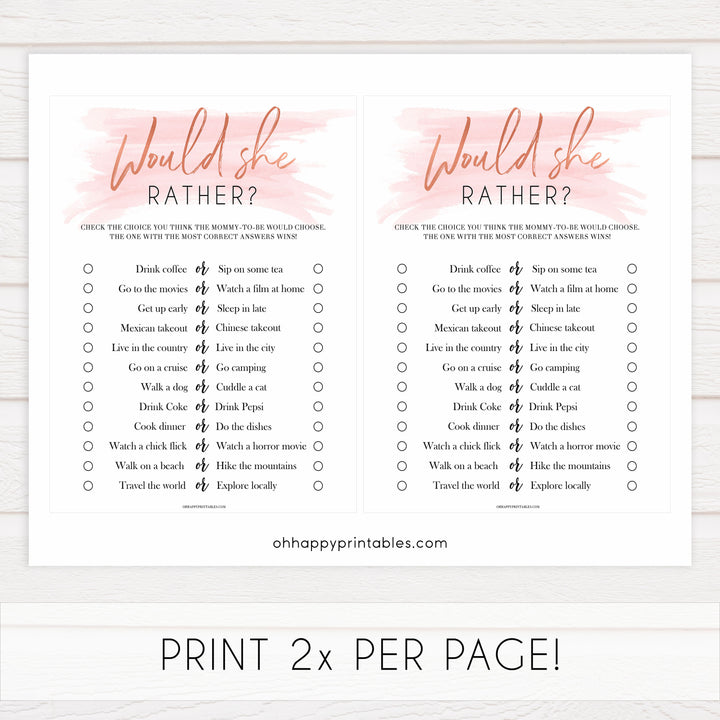 Pink swash baby games, would she rather game, printable baby games, fun baby games, pink baby shower, top baby games, fun baby games, its a girl baby game