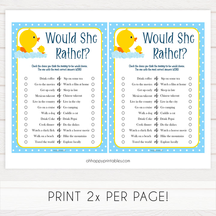 rubber ducky baby games, printable baby shower games, would she rather baby shower game, fun baby games, top baby games
