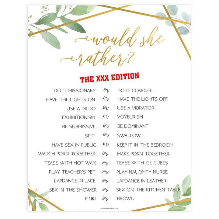 xxx would she rather bridal game, printable bridal shower games, floral bridal shower games