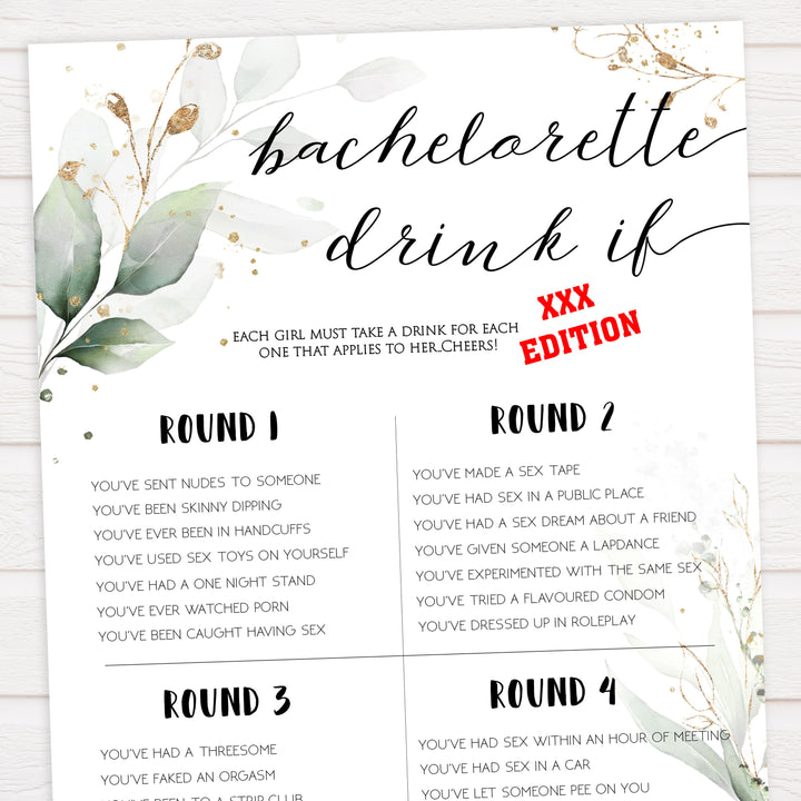 dirty bachelorette drink if game, Printable bachelorette games, greenery bachelorette, gold leaf hen party games, fun hen party games, bachelorette game ideas, greenery adult party games, naughty hen games, naughty bachelorette games