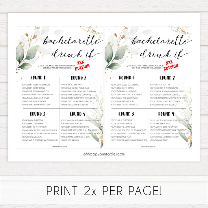 dirty bachelorette drink if game, Printable bachelorette games, greenery bachelorette, gold leaf hen party games, fun hen party games, bachelorette game ideas, greenery adult party games, naughty hen games, naughty bachelorette games