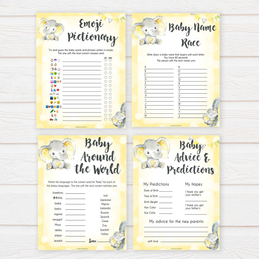 yellow elephant baby games, 10 baby game bundle, baby shower games, baby game bundles, fun baby games, top baby games, labor or porn, baby bump game, instant download games