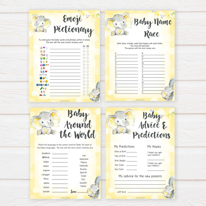 yellow elephant baby games, 10 baby game bundle, baby shower games, baby game bundles, fun baby games, top baby games, labor or porn, baby bump game, instant download games