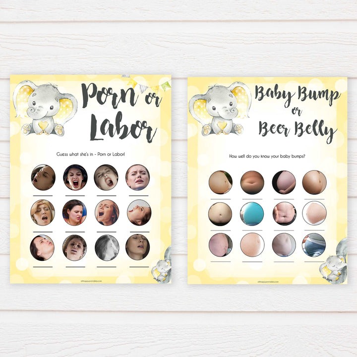 yellow elephant baby games, 10 baby game bundle, baby shower games, baby game bundles, fun baby games, top baby games, labor or porn, baby bump game, instant download games