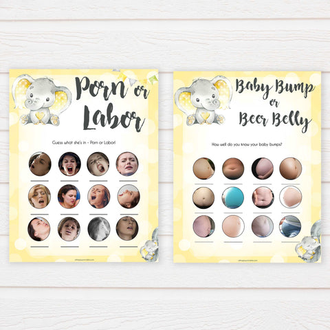yellow elephant baby games, 10 baby game bundle, baby shower games, baby game bundles, fun baby games, top baby games, labor or porn, baby bump game, instant download games