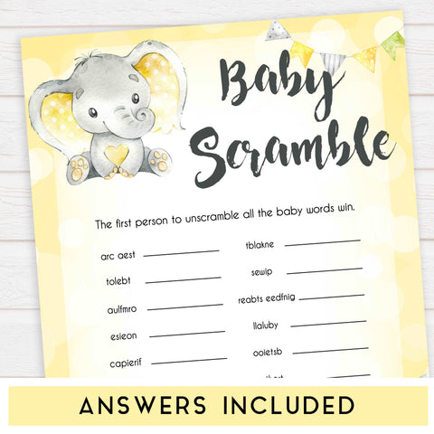 yellow elephant baby games, 10 baby game bundle, baby shower games, baby game bundles, fun baby games, top baby games, labor or porn, baby bump game, instant download games