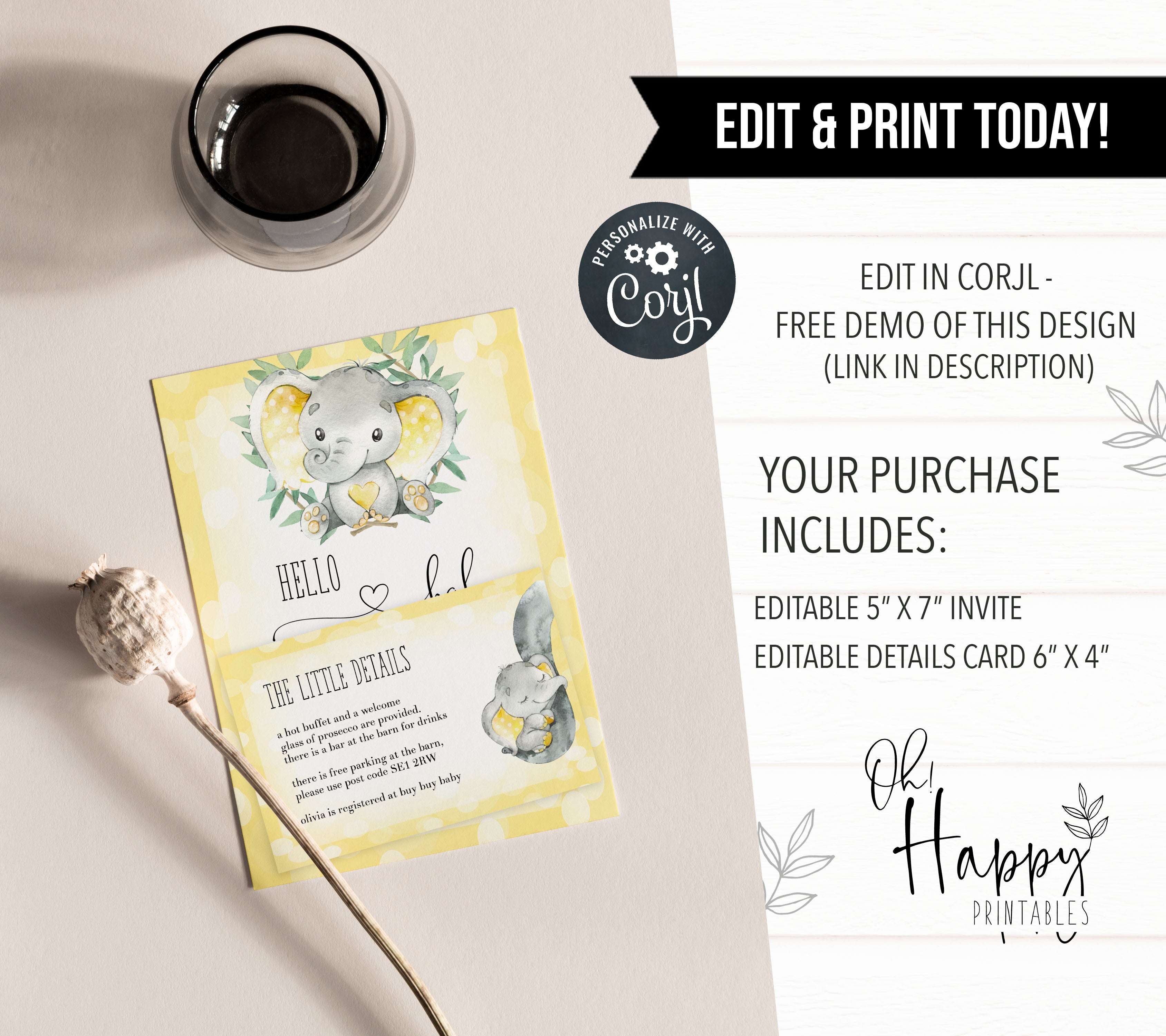 yellow elephant baby shower invitations, printable baby shower invitations, editable baby shower invitations, elephant baby shower invites, mobile baby shower invites