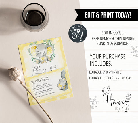 yellow elephant baby shower invitations, printable baby shower invitations, editable baby shower invitations, elephant baby shower invites, mobile baby shower invites