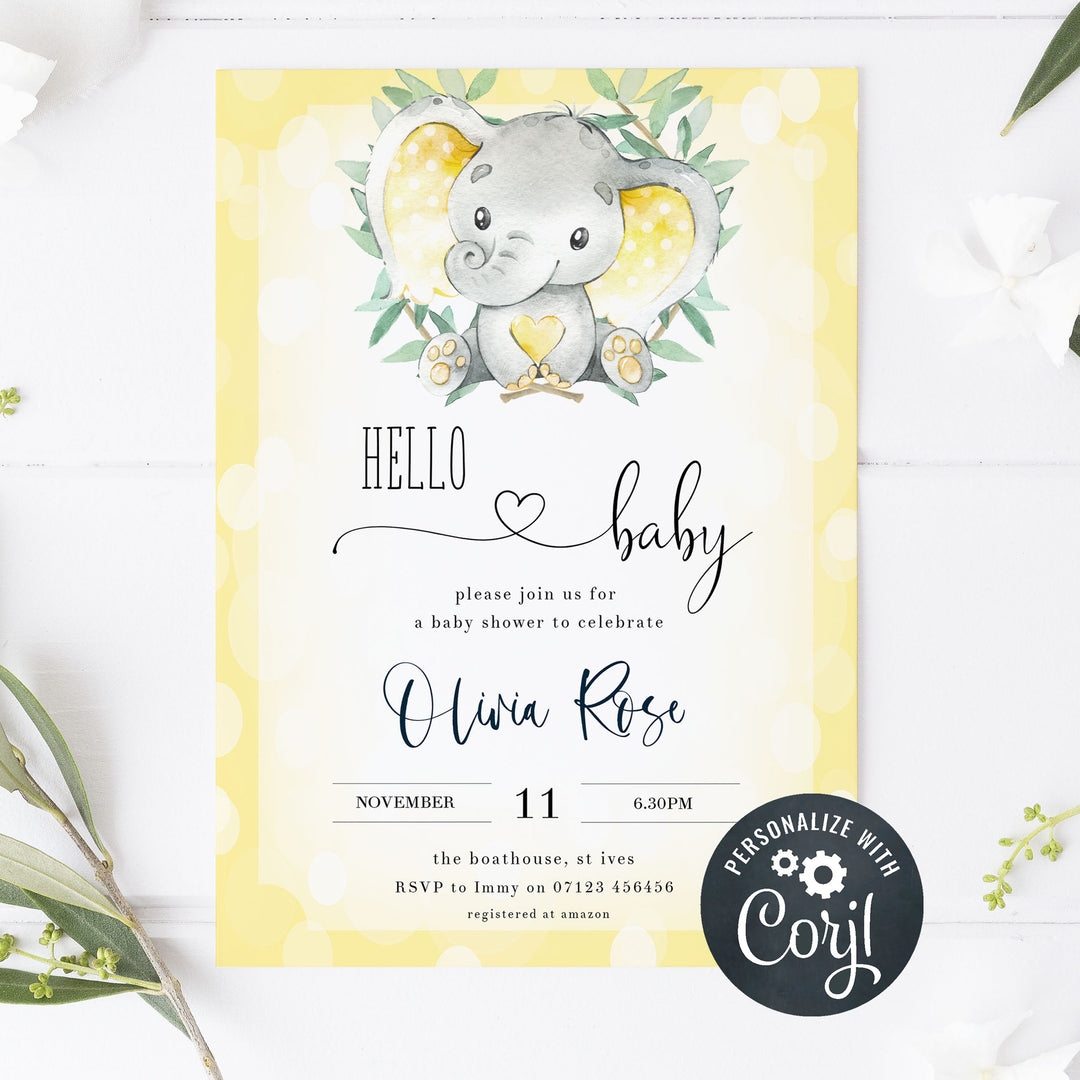 yellow elephant baby shower invitations, printable baby shower invitations, editable baby shower invitations, elephant baby shower invites, mobile baby shower invites