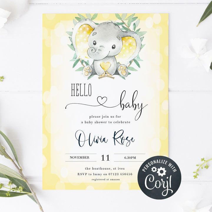 yellow elephant baby shower invitations, printable baby shower invitations, editable baby shower invitations, elephant baby shower invites, mobile baby shower invites