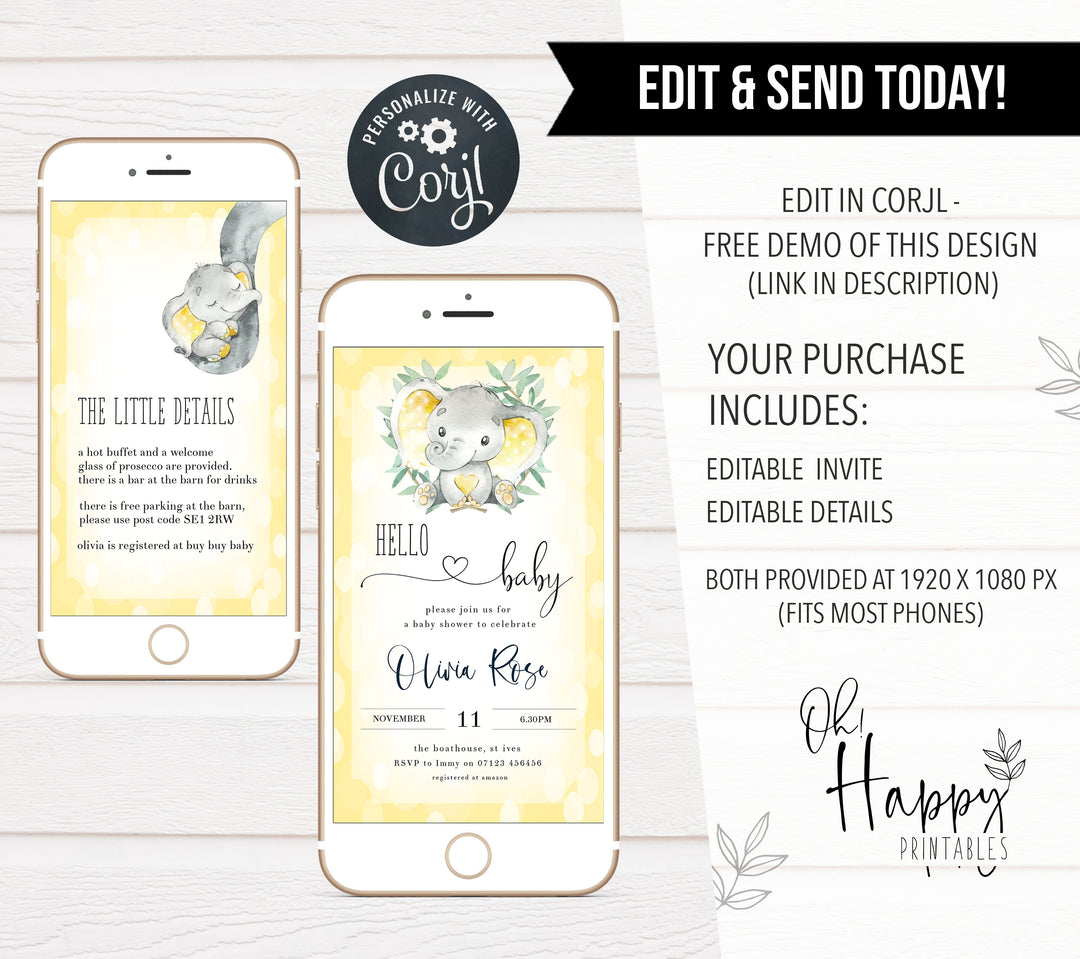 yellow elephant baby shower invitations, printable baby shower invitations, editable baby shower invitations, elephant baby shower invites, mobile baby shower invites