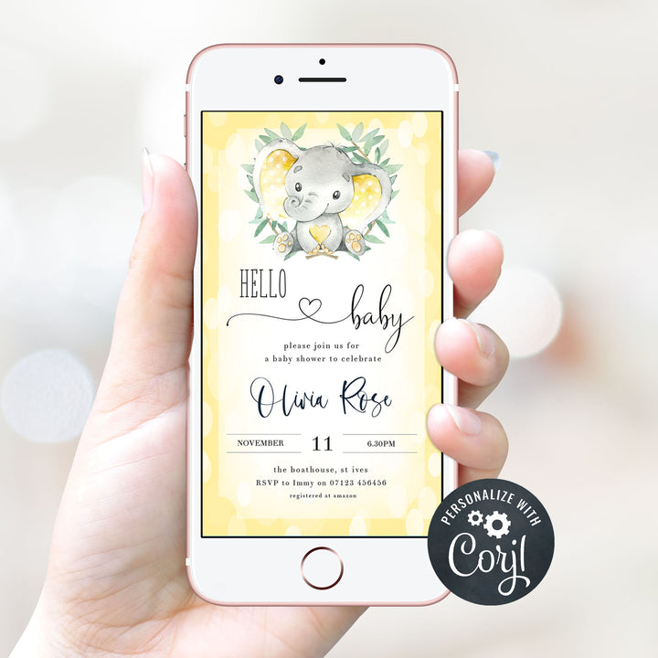 yellow elephant baby shower invitations, printable baby shower invitations, editable baby shower invitations, elephant baby shower invites, mobile baby shower invites