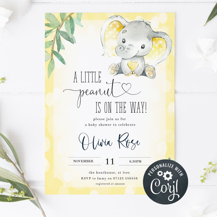 yellow elephant baby shower invitations, printable baby shower invitations, editable baby shower invitations, elephant baby shower invites, mobile baby shower invites