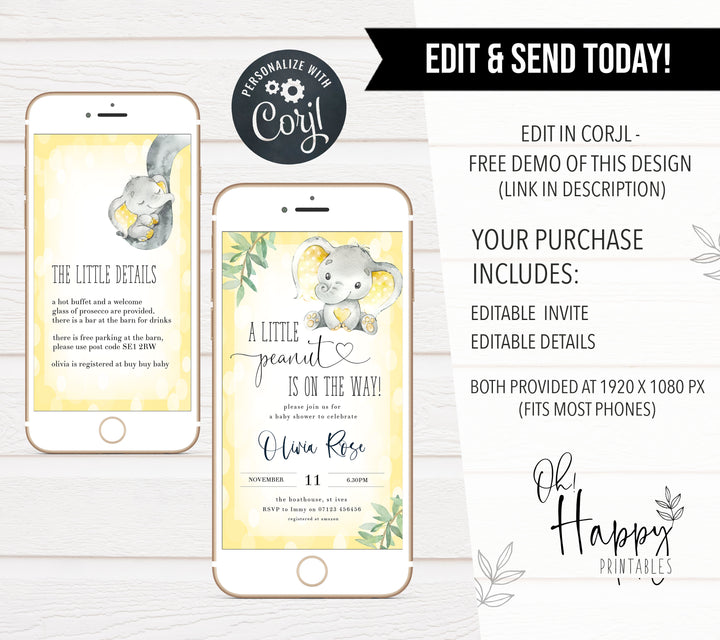 yellow elephant baby shower invitations, printable baby shower invitations, editable baby shower invitations, elephant baby shower invites, mobile baby shower invites