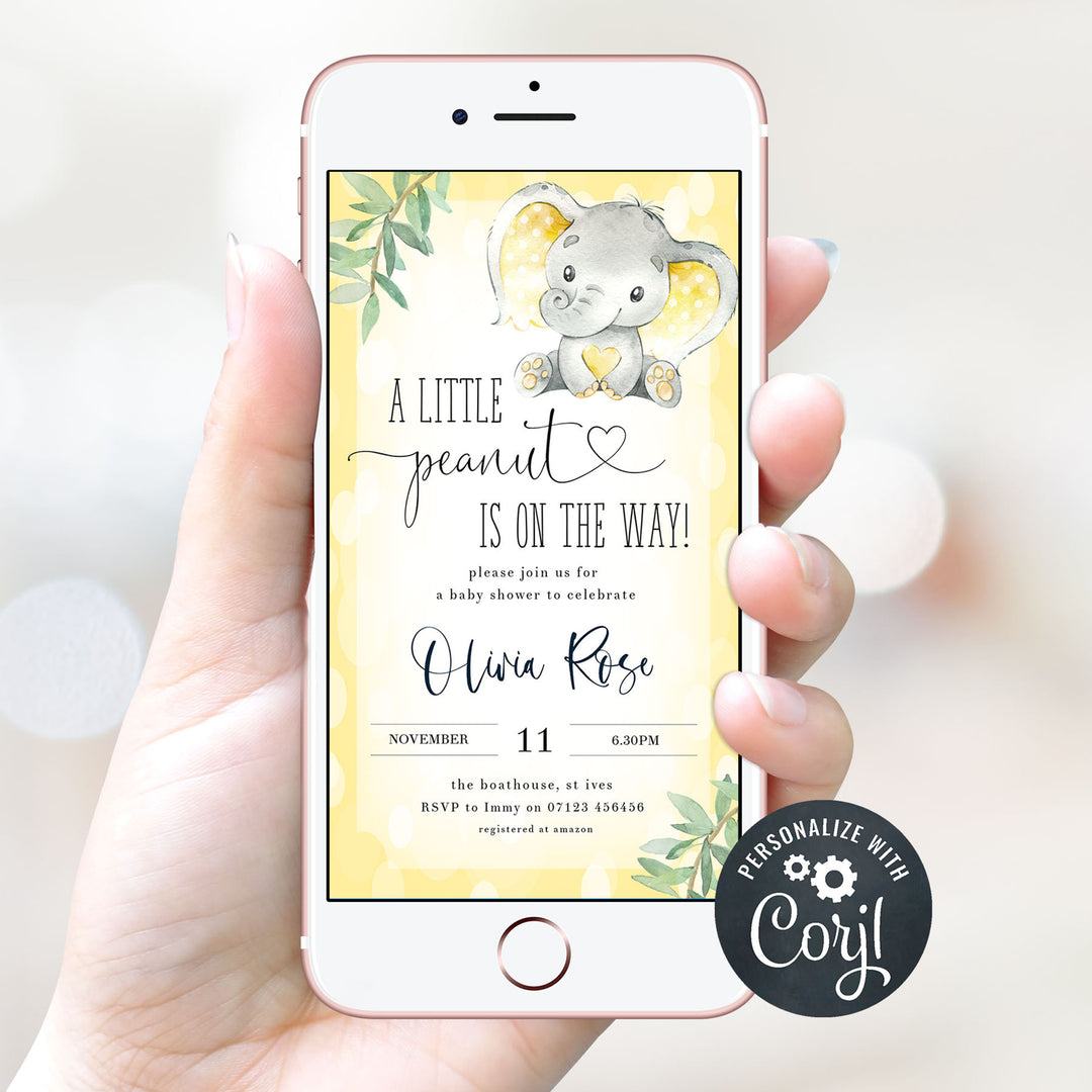 yellow elephant baby shower invitations, printable baby shower invitations, editable baby shower invitations, elephant baby shower invites, mobile baby shower invites