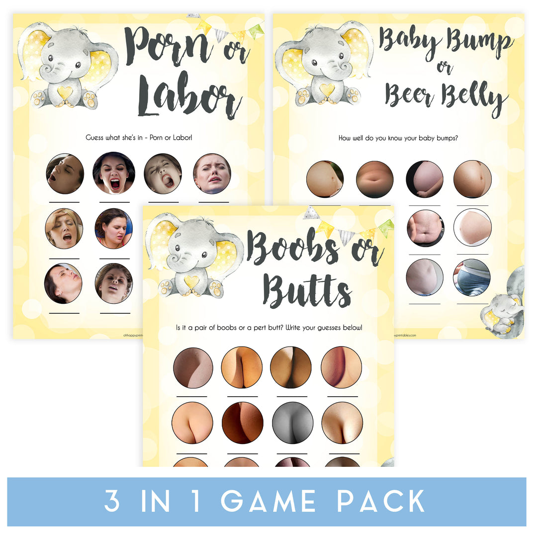labor or porn, baby bump or beer belly, boobs or butts game, Printable baby shower games, fun baby games, baby shower games, fun baby shower ideas, top baby shower ideas, yellow elephant baby shower, blue baby shower ideas