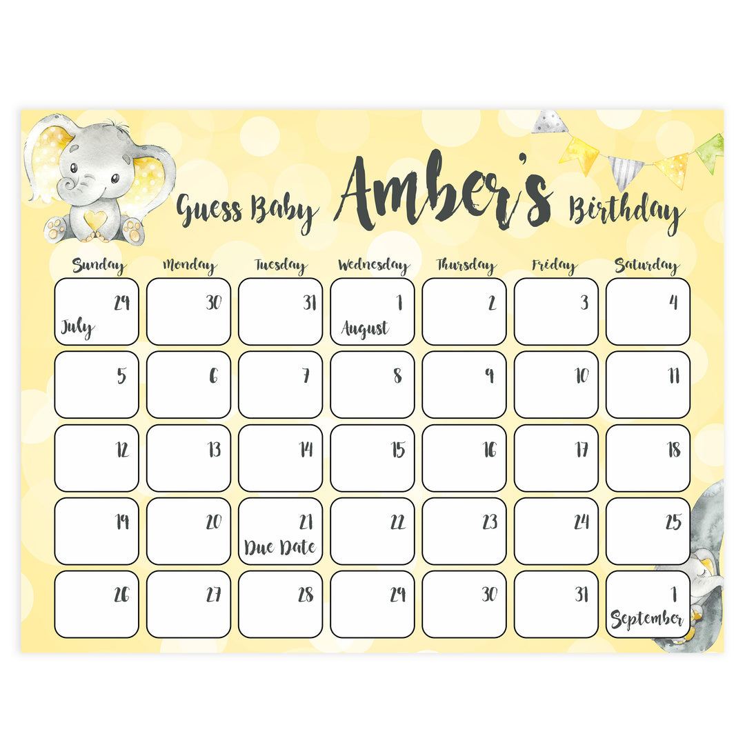 guess the baby birthday game, baby birthday predictions game, yellow elephant baby game, fun baby shower games