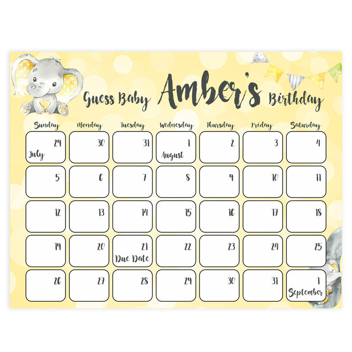 guess the baby birthday game, baby birthday predictions game, yellow elephant baby game, fun baby shower games
