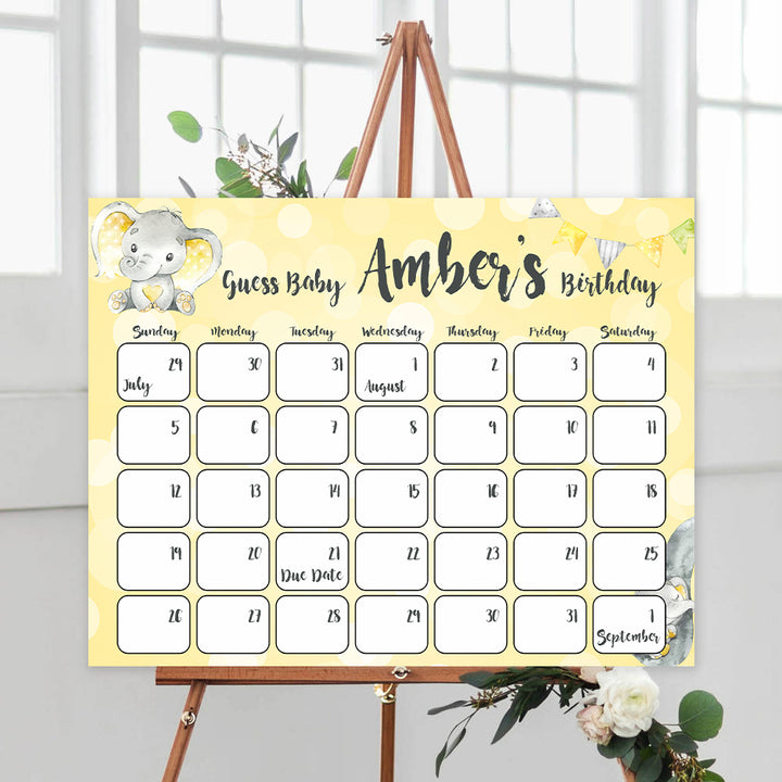 guess the baby birthday game, baby birthday predictions game, yellow elephant baby game, fun baby shower games